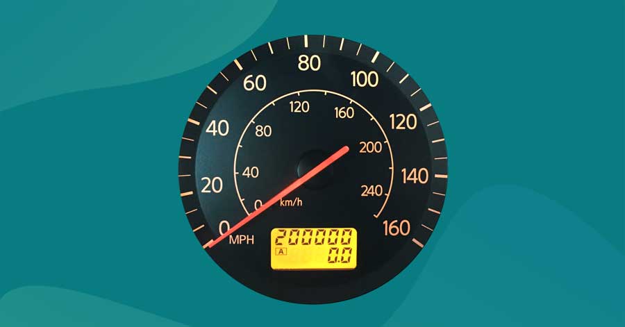 Car odometer with high mileage.